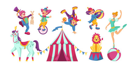 Circus show. Carnival clowns. Magician on unicycle. Fair performance. Funny conjurer. Jester and animal trainer. Acrobat tricks with balls. Horse and lion. Vector festival artists setのイラスト素材