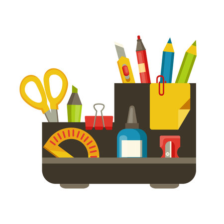 Stationery box. Plastic container for pens and pencils. Isolated glass with brush, scissors or color highlighter. Paper clip and cutter. Protractor ruler. Vector office supplies holder cupのイラスト素材