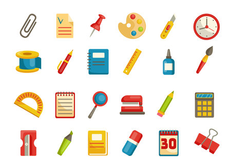 Stationery tool. Office accessory icons. Isolated pen and pencil. Paint brush and palette. Colorful markers. Paper knife. Clock and calendar. Notebook page. Vector school supplies setのイラスト素材
