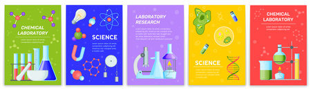 Science posters. Chemical laboratory cards. Medical flyer with test tubes and molecules. DNA and bacteria. Pharmacy and biology experiments. Innovation research. Vector banners setのイラスト素材