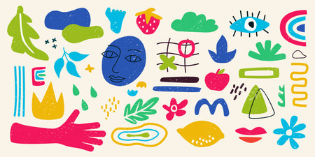 Doodle nature set. Abstract matisse background with bright colorful shape elements, floral paint texture and summer sticker art. Minimalist hand drawn scribble leaves vector geometric designのイラスト素材