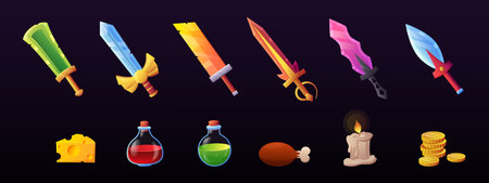 UI game. Fantasy weapon. Swords and potion vials. RPG arms. Gaming map. Fantastic armor. Arrow and gold coins. Symbols of shooting life. Food and candle. Vector interface elements setのイラスト素材