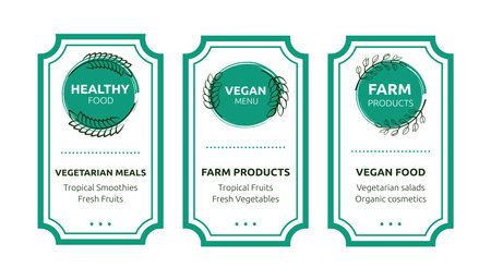 Eco organic sticker. Bio vintage card with stamp. Healthy food hipster label templates. Vegetable salad. Tropical fruit smoothie. Vegetarian cosmetics. Vector nature product banners setのイラスト素材