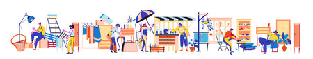 Resale market. Fair charity with choose accessories and fashion stuff. Second Hand shop. People buy clothes or antique goods in flea bazaar stalls. Discount marketplace. Vector sale storeのイラスト素材