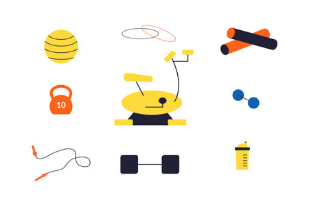 Sport training equipment. Gym workout tools. Exercise bike. Skipping rope. Bodybuilding kettlebell or barbell. Athletic dumbbells. Fitness hoop and bottle. Vector doodle healthy setのイラスト素材