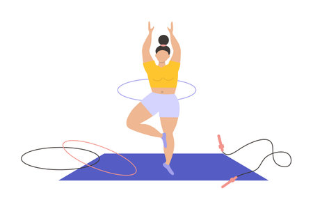 Woman with jump rope and gymnastic hoop on sports mat. Young girl training in gym, female in sportswear doing fitness exercises, dynamic pose, vector cartoon isolated illustrationのイラスト素材
