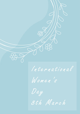 International womens day. 8 march greeting and postcard, white line flowers on blue backgriund, hand drawn text, elegant poster or vertical banner with doodle leaves, vector illustrationのイラスト素材