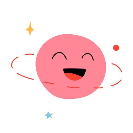 Cute planet. Pink celestial object with funny smiling faces, saturn with moons and stars, childish outer space element. Colorful astronomical isolated on white background, vector iconのイラスト素材