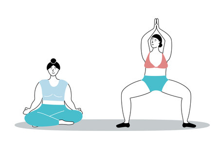Body pose set. Active women doing yoga, girls in sportswear meditating and asana doing, sitting in lotus position and standing. Sport exercises. Healthy lifestyle, vector illustrationのイラスト素材