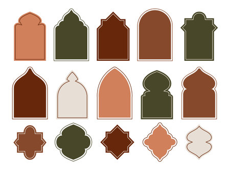 Ramadan shapes. Islam elements of Arab mosque. Door stickers and Arabian arch frame. Muslim oriental silhouette. Oriental window. Color empty arabesque borders set. Flat vector designのイラスト素材