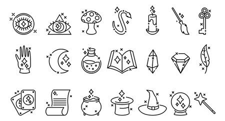 Magician icons. Fortune hat, genie, rabbit and bottle of potion, mystery objects, alchemy and esoteric book. Witch broom and cauldron, crystal and tarot cards, vector illustration line symbolsのイラスト素材