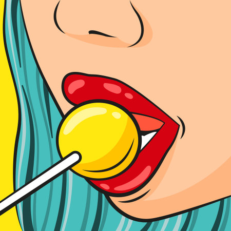 Sexy girl with lollipop. Comic woman lip lick candy. Hot flirt adult suck lollypop. Night club wallpaper. Sensual female face cartoon portrait. Sweet bonbon. Vector cartoon illustrationのイラスト素材