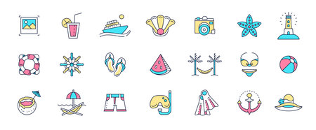 Summer beach icons. Holiday pictograms. Hot color design. Outline signs set. Tropical resort. Summertime recreation. Sunbathing and snorkeling. Marine cruise. Vector line art illustrationのイラスト素材