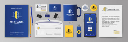 Architecture business card.  for real estate construction corporate. House company agency. Top view stationery and smartphone. Vector set of office accessories with identity iconsのイラスト素材