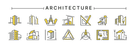 Architect buildings. Line icons of architecture project for engineer documents and plans. Apartment interior blueprint. House construction. Drafting stationery. Vector design  setのイラスト素材