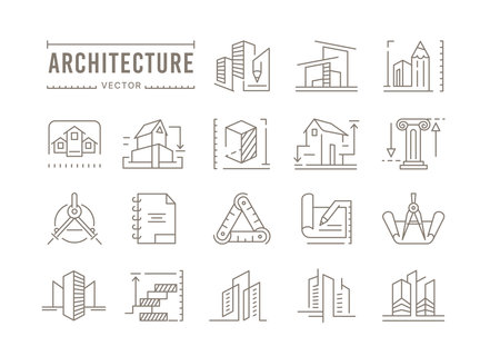 Architecture  . Construction buildings line icons. Engineer houses. Architect projects and plans. Real estate designer company emblem. Vector apartments engineering outline signs setのイラスト素材