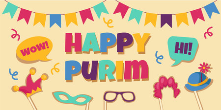Purim background. Birthday party banner with clown hat, mask and paper glasses, happy items for jewish carnival. Festive flags. Celebration decor for masquerade. Vector greeting design templateのイラスト素材