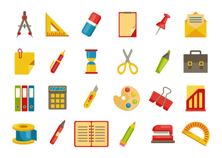 Stationery collection. Color icons of school supplies. Scissors and notebook. Paint palette. Eraser or brush. Paper folders. Pen and pencil background. Vector office accessories setのイラスト素材