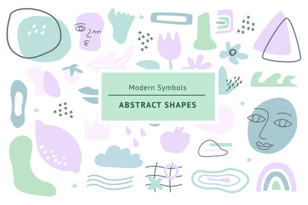 Abstract organic shapes. Pastel colors brush textures with cute paint and geometric elements, modern hand drawn symbols. Minimalist scribble poster, vector doodle graphic backgroundのイラスト素材