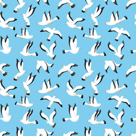 Sea birds seamless pattern. Cute white seagulls fly above ocean on sky. Isolated objects on blue background. Marine print. Seabird in different poses. Decor textile, vector printのイラスト素材