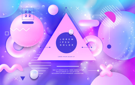 3d pastel background. Abstract poster with graphic fluid shapes and holographic gradients with color effects, lines on purple neon backdrop. Copy space in triangle. Vector banner templateのイラスト素材