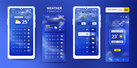 Weather forecast smartphone UI. Widget interface with graphic of sun, rain or snow icons. Atmosphere temperature. Meteorology app. Hot or cold climate. Vector application screens setのイラスト素材