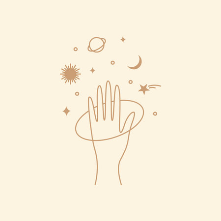 Mystic astrology. Hand drawn magic vintage sign, esoteric cult fairy design. Line moon sun and stars, planet and comet on female hand, minimal elegant emblem or logo, vector zodiac symbolのイラスト素材