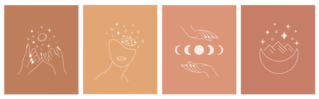 Mystic astrology cards set. Hand drawn magic vintage signs, esoteric cult fairy poster design. Line celestial objects, woman witch and occult emblems. Vector abstract zodiac symbolsのイラスト素材