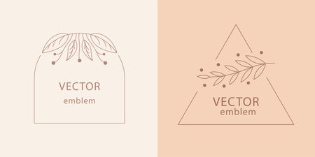 Leaf monogram set. Hand drawn ornamental leaves arch and triangle frame set, modern floral art emblem. Elegant card design. Vector organic products decor, spa or eco shop logotype illustrationのイラスト素材