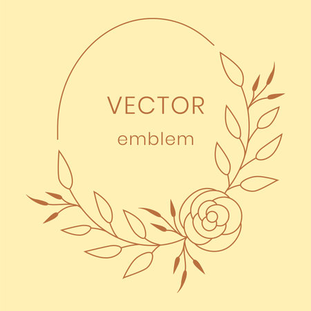Flower monogram. Botanical circle frame with rose and leaves. Line floral natural emblem, minimal card design with copy space, organic simple logotype or badge, vector elegant illustrationのイラスト素材
