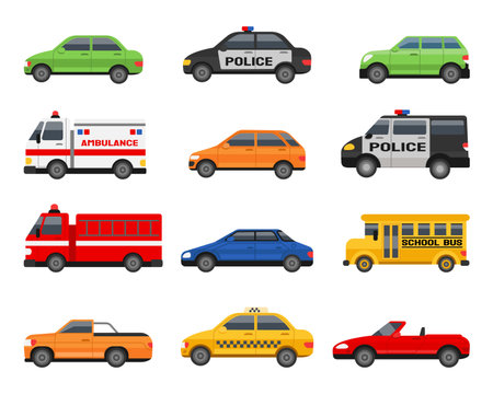 City vehicle. Urban transportation. Cars side view. Police automobile. School bus. Delivery transport. Cabriolet or sedan. Engine firefighter. Wheel machines set. Vector illustration iconsのイラスト素材