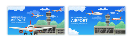 Departure from airport tower. Aircraft control terminal with airplane in sky. Civil aviation. Air transportation. Plane flight. International airline background. Vector illustrationのイラスト素材