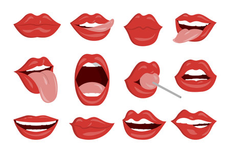Lip and kiss. Woman sexy smile with lipstick and tongue. Girls mouth expression. Hot female for cosmetic icon. Bright makeup. Lollipop candy. Sensual face parts set. Vector illustrationのイラスト素材