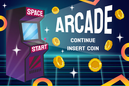 Retro game machine. Arcade screen party poster with video console entertainment. Neon grid and pixel gold tokens. Playing club banner. Old glowing monitor. Vector illustration designのイラスト素材