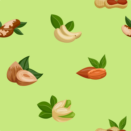 Nut pattern. Dry fruits and seeds on green background, seamless texture, flat food isolated, mix for healthy protein snack. Peanut and hazelnut, vector decor packaging, wrapping or printのイラスト素材