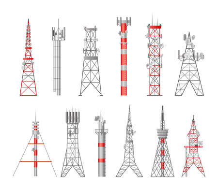 Cell antenna tower set. Telecommunication 5g mast, radio communication 4g signal, network military aerial. Television, telephone or internet technology. Vector flat illustrationのイラスト素材