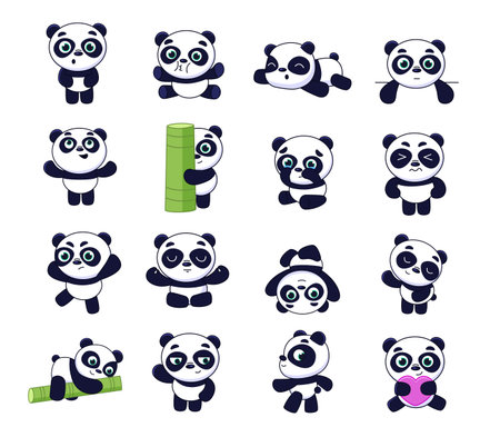 Panda bears set. Cute animal baby characters in different poses, kid nursery decor, children birthday mascot, happy simple black and white teddy, isolated card elements. Vector stickersのイラスト素材