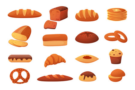 Cartoon bread. Slice of whole food, french baguette, fresh croissant and cupcake, toasts and bagels, sweet cakes and pretzel. Breakfast pastry, isolated elements for bakery. Vector setのイラスト素材