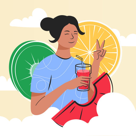 Healthy food. Vegan and diet nutrition. Vitamin beverage. Vegetarians concept. Health green vegetable cocktail with fruits and herbs. Happy woman drinks smoothie. Vector illustrationのイラスト素材