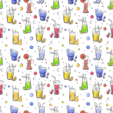 Summer drink seamless pattern. Fruit and berry juice cocktail background, tropical food detox, healthy lifestyle. Cold vitamin beverages. Vector decor textile, wrapping paper or printのイラスト素材