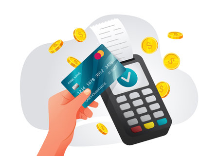 Credit card payment. Hand paying by contactless terminal machine. Digital emblem receipt. Secure commerce by chip. Gold coins. Financial invoice. Wireless device. Vector illustrationのイラスト素材