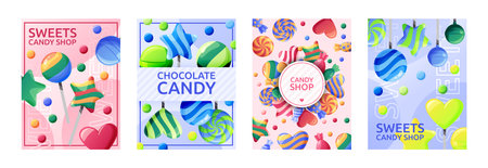 Candy posters. Confectionery food, bright colorful lollipops and caramel for vintage cards, labels and brochures, vertical background, retro bakery flyers sweet cafe. Vector banner setのイラスト素材