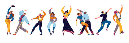 Fun happy people action. Diverse young and adult characters in active poses, dance entertainment man, woman and couple. Music party. Modern casual clothes. Vector cartoon flat setのイラスト素材