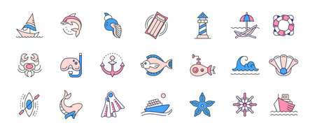Nautical icons. Marine resort and aquatic animals signs. Lighthouse logo. Linear wheel and compass. Navy radar. Sea resort. Sailboat or cruise ship. Summer vacation. Vector symbols setのイラスト素材