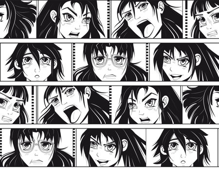 Manga pattern seamless. Comic anime japan girls, asian face drawing in cartoon style, kawaii woman black print. Monochrome texture. Portraits with different emotions. Vector graphic illustrationのイラスト素材