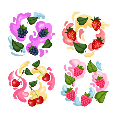 Fruit berry. Summer vitamin plants and liquid splashes. Raspberry and strawberry with leaves. Sweet bramble and cherry. Color dessert drawing. Yogurt streams. Abstract vector illustrationのイラスト素材