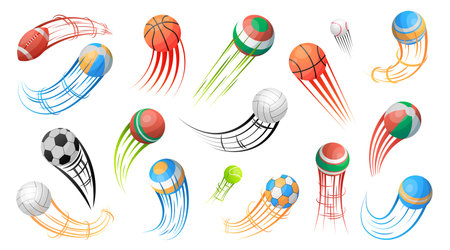 Soccer ball motion. Football logo of kick speed goal. Shoot silhouette. Abstract score trail. Flying play spheres with curved tracks. Game competition. Vector sport emblem elements setのイラスト素材