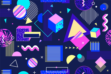 Retro 1980s seamless pattern. Pop texture with lightning space colors, bright geometric forms, summer fun drawing with trendy hipster lines. Abstract background vector graphic illustrationのイラスト素材