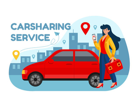 Car rent. Carsharing service. Smartphone application. Auto parking. Driver share automobile app website page. Map navigation pin. Woman with mobile street taxi. Vector rental transportのイラスト素材
