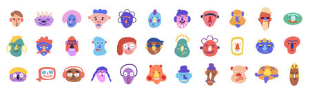 Abstract avatar characters. Cute funny doodle drawing, people portrait, guy or girl for user profile trendy faces with smile. Web social media icons collection. Vector isolated illustrationのイラスト素材